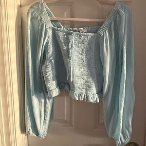 Smocked Square-Neck Long Sleeve Top - Light Blue